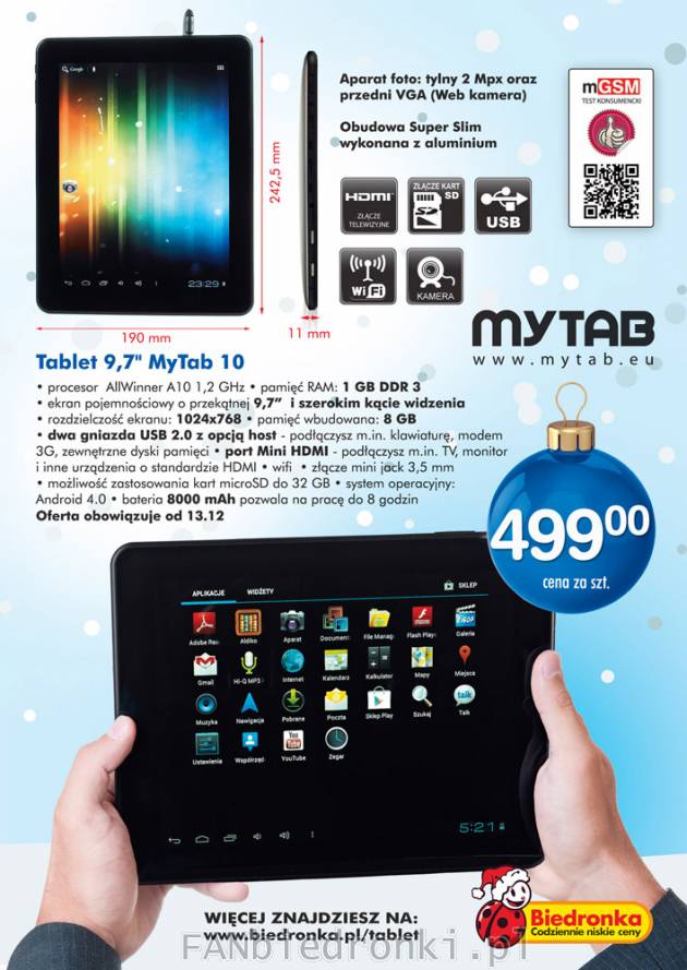 Tablet Mytab 9,7cala 10 - procesor AllWinner A10 1,2GHZ pamięć RAM 1GB DDR 3, ...
