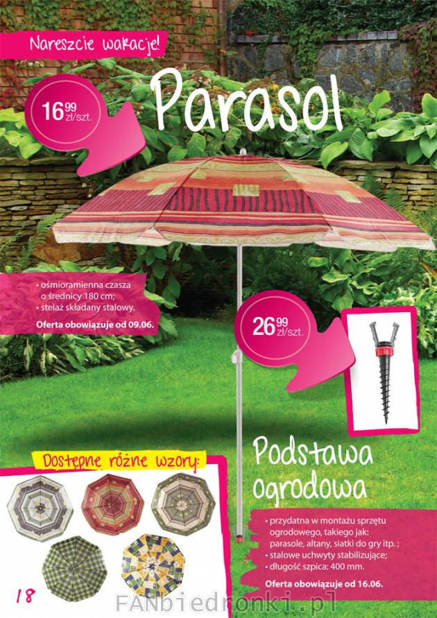 Parasol ogrodowy lub na plażę, cena 16,99PLN (dostępny od 9 czerwca 2011). średnica ...