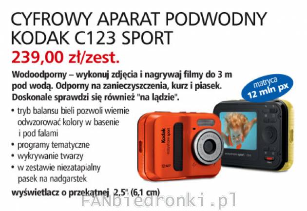 Cyfrowy aparat podwodny Kodak C123 Sport, cena 239PLN za zestaw. Wodoodporny do ...