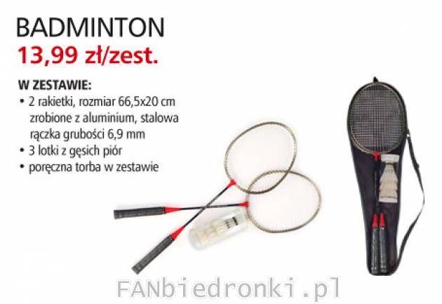 Badminton (kometka) cena 13,99PLN. W zestawie: 2 rakietki zrobione z aluminium, ...