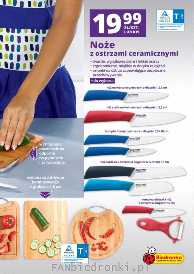 Noże z ostrzami ceramicznymi o różnej długości, z kolorowymi rączkami za 19,99 zł.