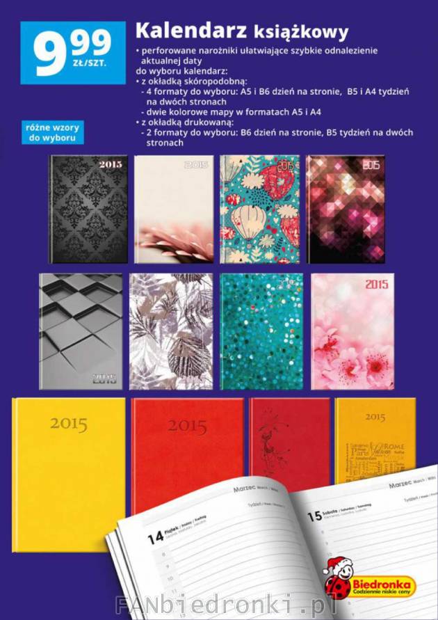 Kalendarz książkowy na 2015 rok w formatach A5 i A4, w różnych wzorach i kolorach.