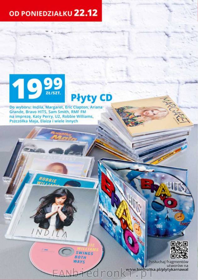 Płyty CD pod choinkę, do wyboru artyści tacy jak Indila, Margaret, Eric Clapton, ...