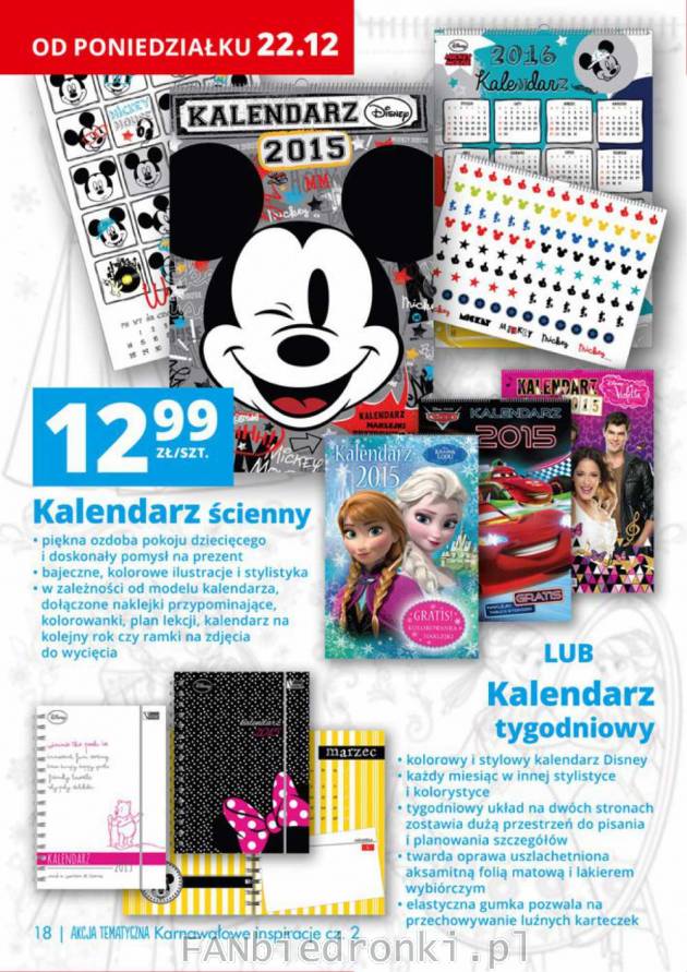 Kalendarz ścienny dla dzieci z bajkowymi motywami: myszka Miki, Cars, Violetta. ...
