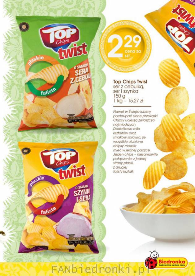 Nowe chipsy Top Chips Twist w ofercie Biedronki za 2,29 zł.