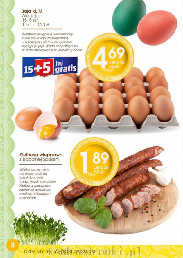 W ofercie Biedronki jaja kl. M 15+5 sztuk gratis za 4,69 zł oraz kiełbasa wieprzowa ...