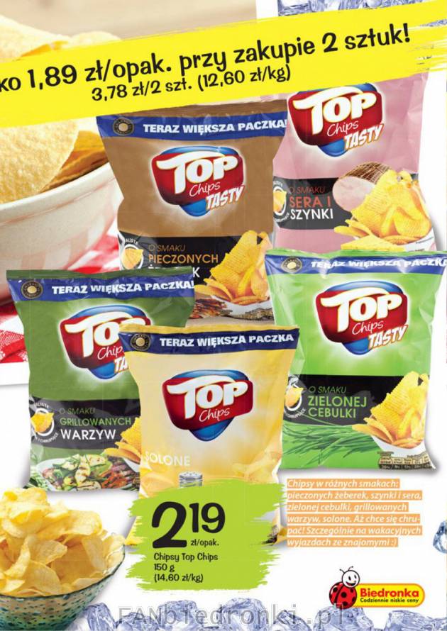 Chipsy Top Chips w zaskakujących smakach po 1,79 zł przy zakupie 2 opakowań.