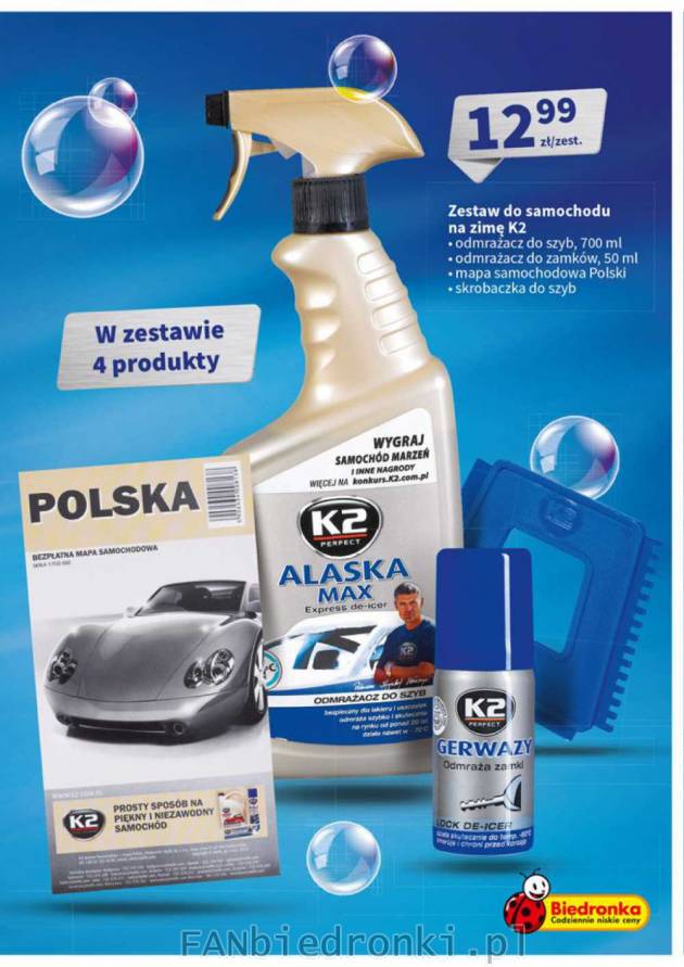 Zestaw w produktów do samochodu na zimę marki K2: odmrażacz do szyb, zamków, ...