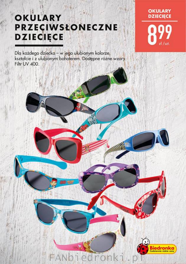Okulary przeciwsłoneczne dziecięce z filtrem UV 400 są dostępne w wielu wzorach, ...