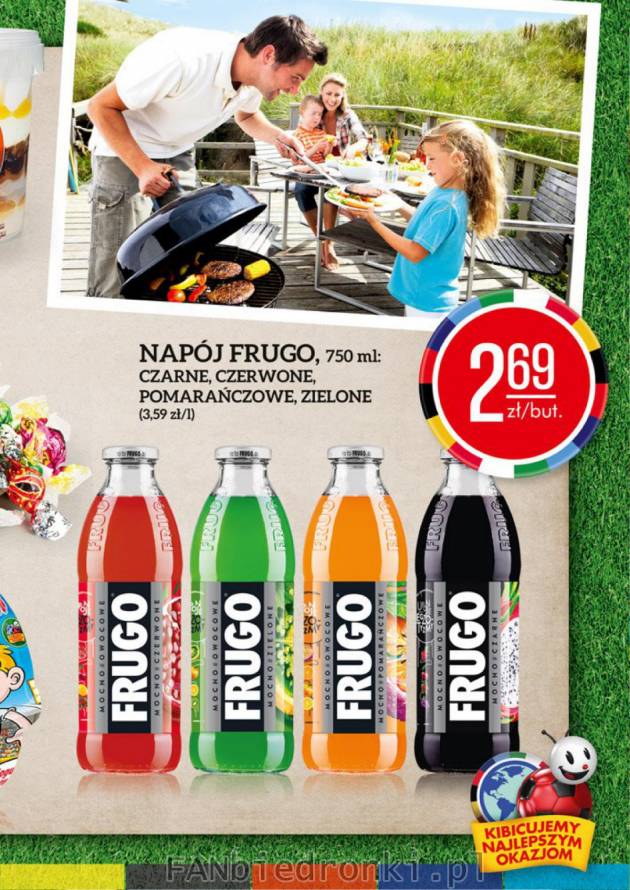 Napój Frugo czarne, czerwone, pomarańczowe, zielone w dużej butelce 750 ml za 2,69 zł.