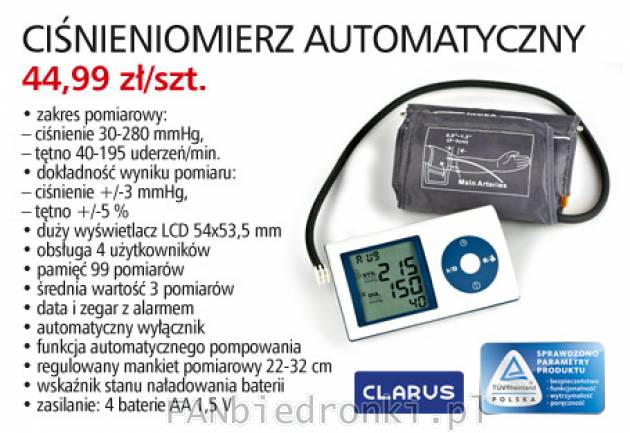 Ciśnieniomierz automatyczny, Cena: 44,99 zł/szt.
- do pomiaru ciśnienia krwi
- ...