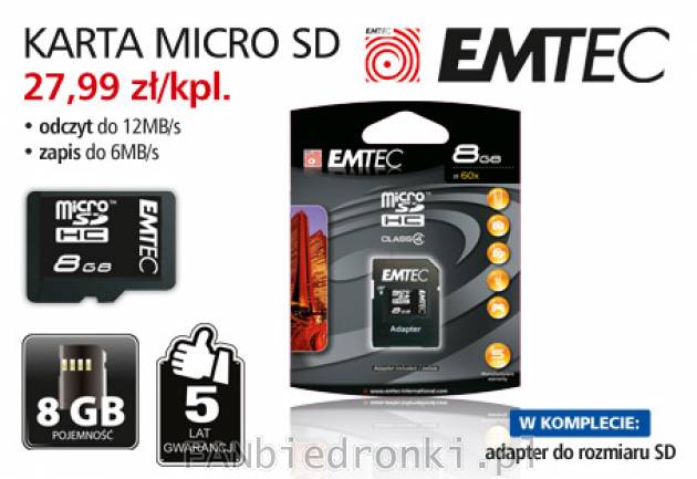 Karta Micro SD EMTEC, Cena: 27,99 zł/kpl.
- 8GB pojemności Micro sd HC Emtec
- ...