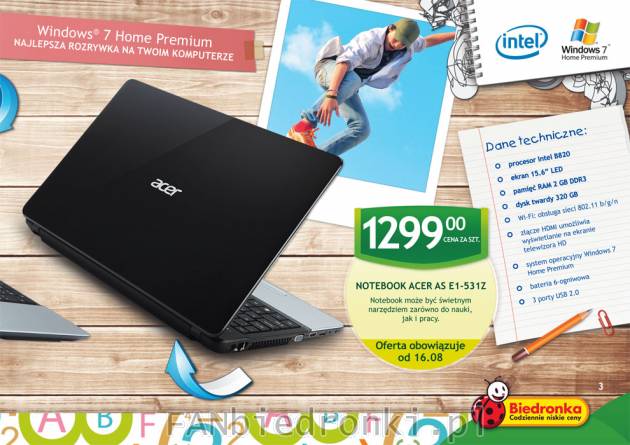 Notebook laptop Acer AS E1-531Z od 16 sierpnia. Procesor Intel 8820, ekran 15,6 ...
