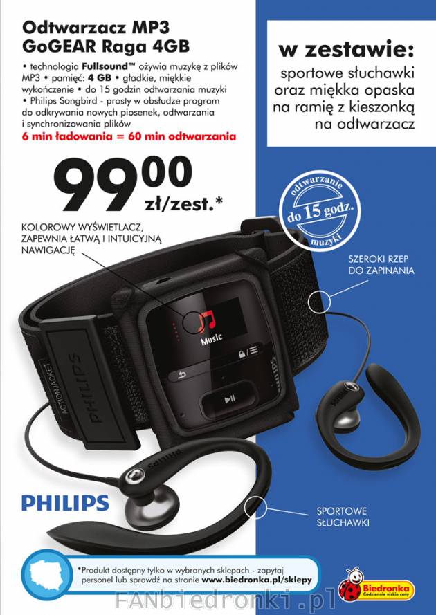 Odtwarzacz MP3 Philips GoGear Raga Fullsound pamięć 4 GB, Kolorowy wyświetlacz