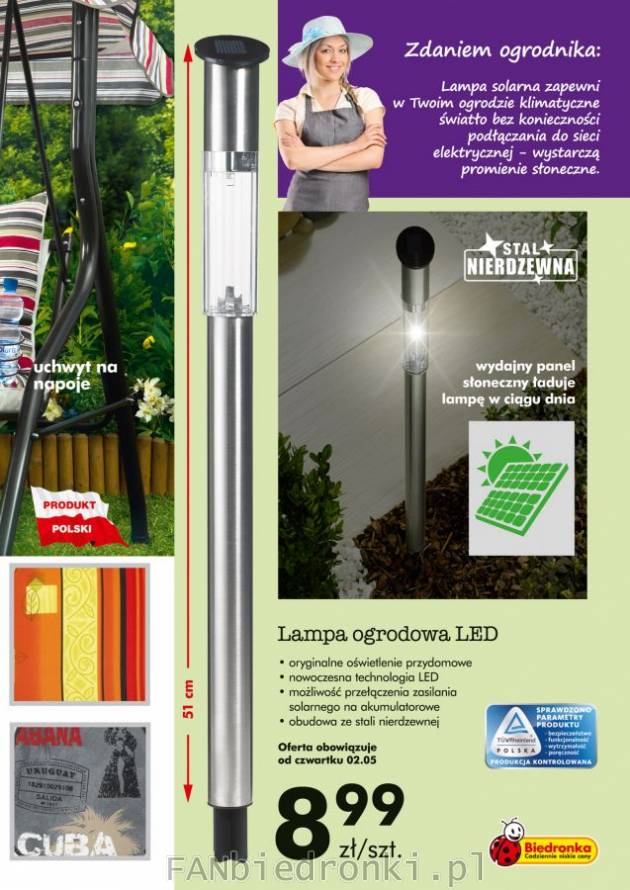 Lampa ogrodowa LED z możliwością przełączenia zasilania solarnego na akumulatorowe, ...