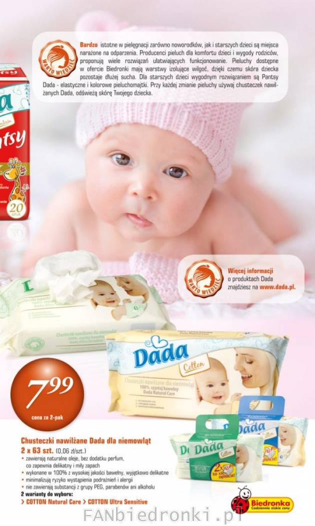Chusteczki dla niemowląt za 8 zł:
- marka Dada
- intensywnie nawilżające, ...