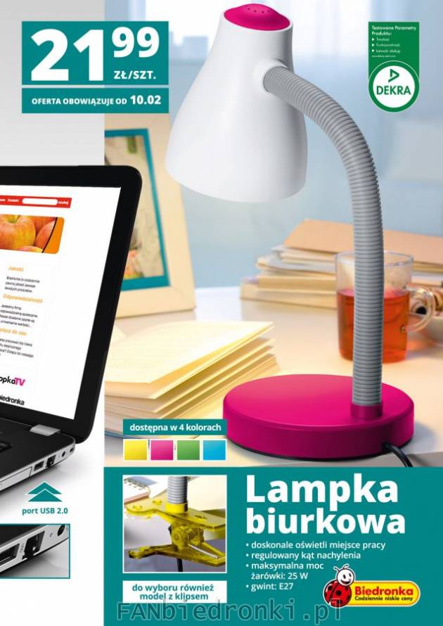 Lampka biurkowa  z regulowanym kątem nachylenia, dostępna w 4 kolorach