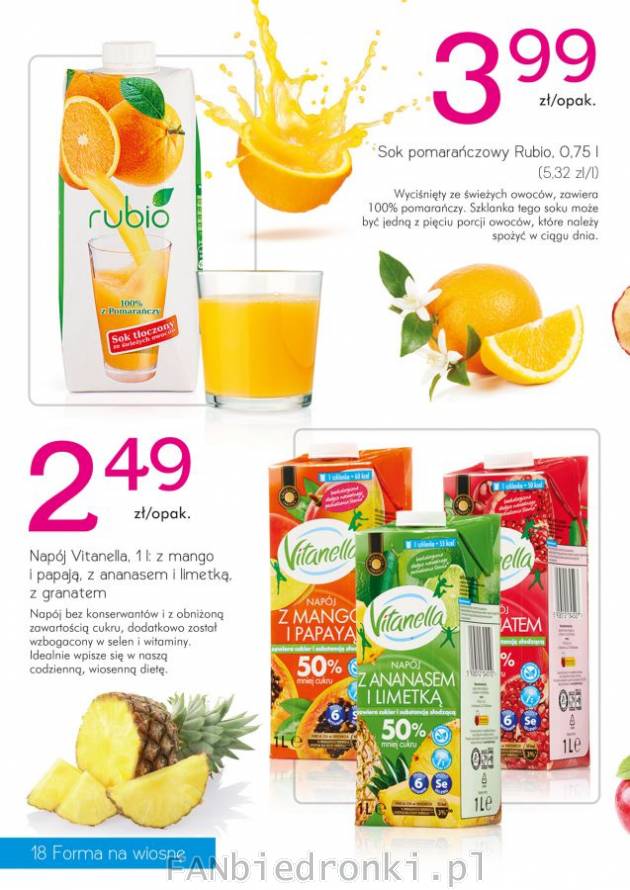 Sok pomarańczowy, napój z mango i papają, z ananasem i limetką lub z granatem