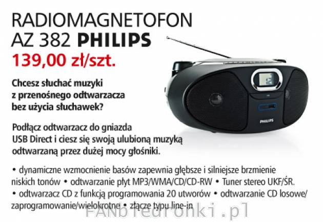 Radiomagnetofon Philips AZ 382, Cena: 139,00 zł/szt.
- przenośy bum box
- obsługa ...